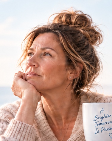A woman pausing thoughtfully beside the coast.