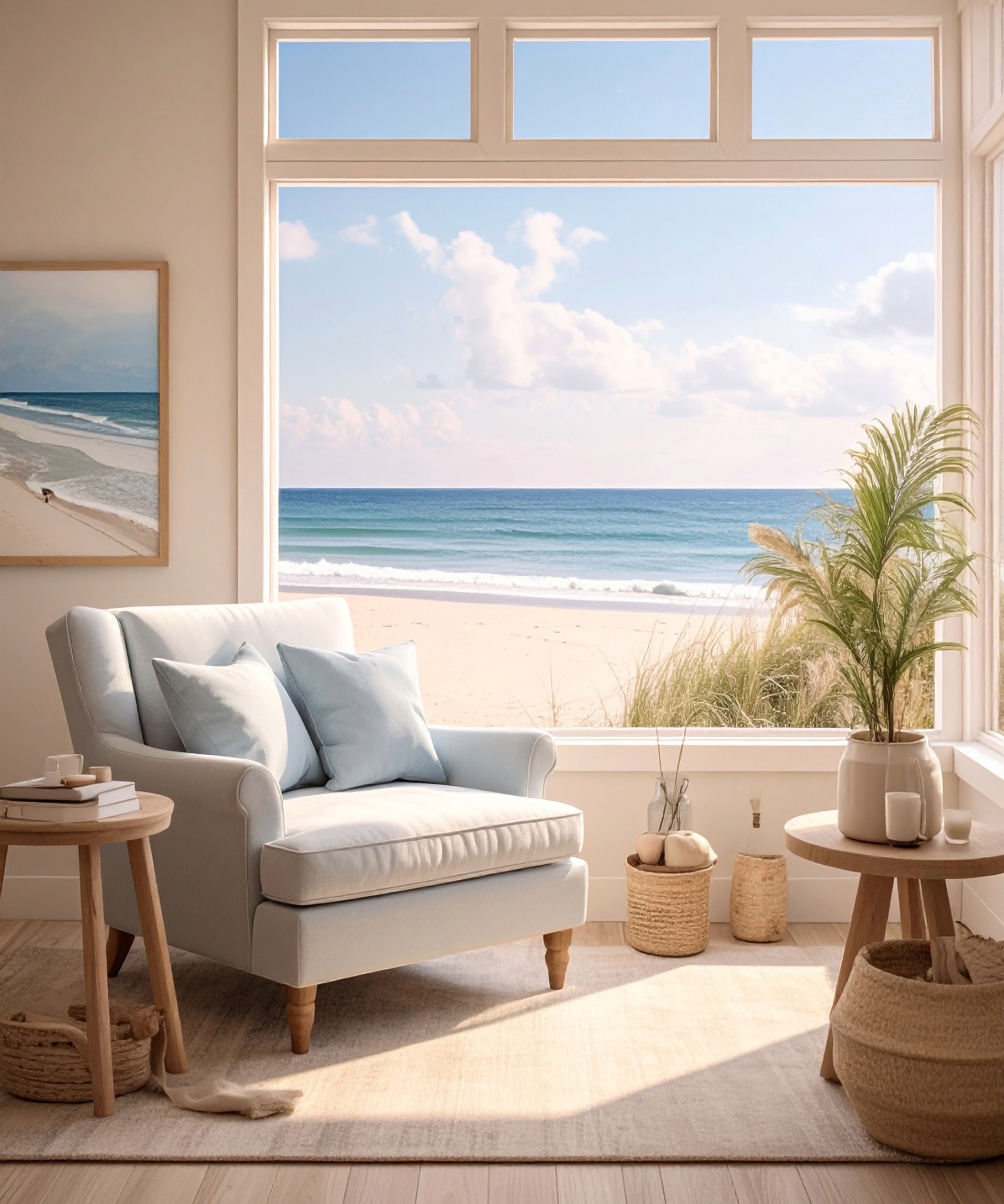 A bright coastal-inspired room overlooking the shoreline.