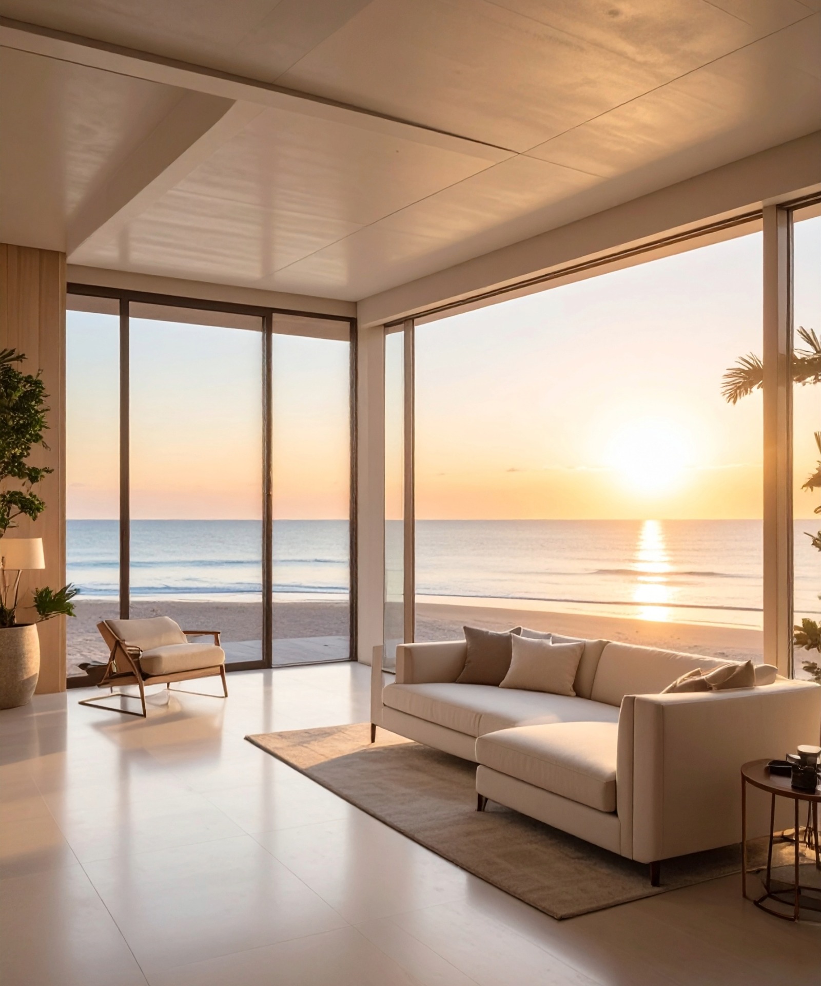 A soft coastal sunrise in blue, sand, and ivory tones.